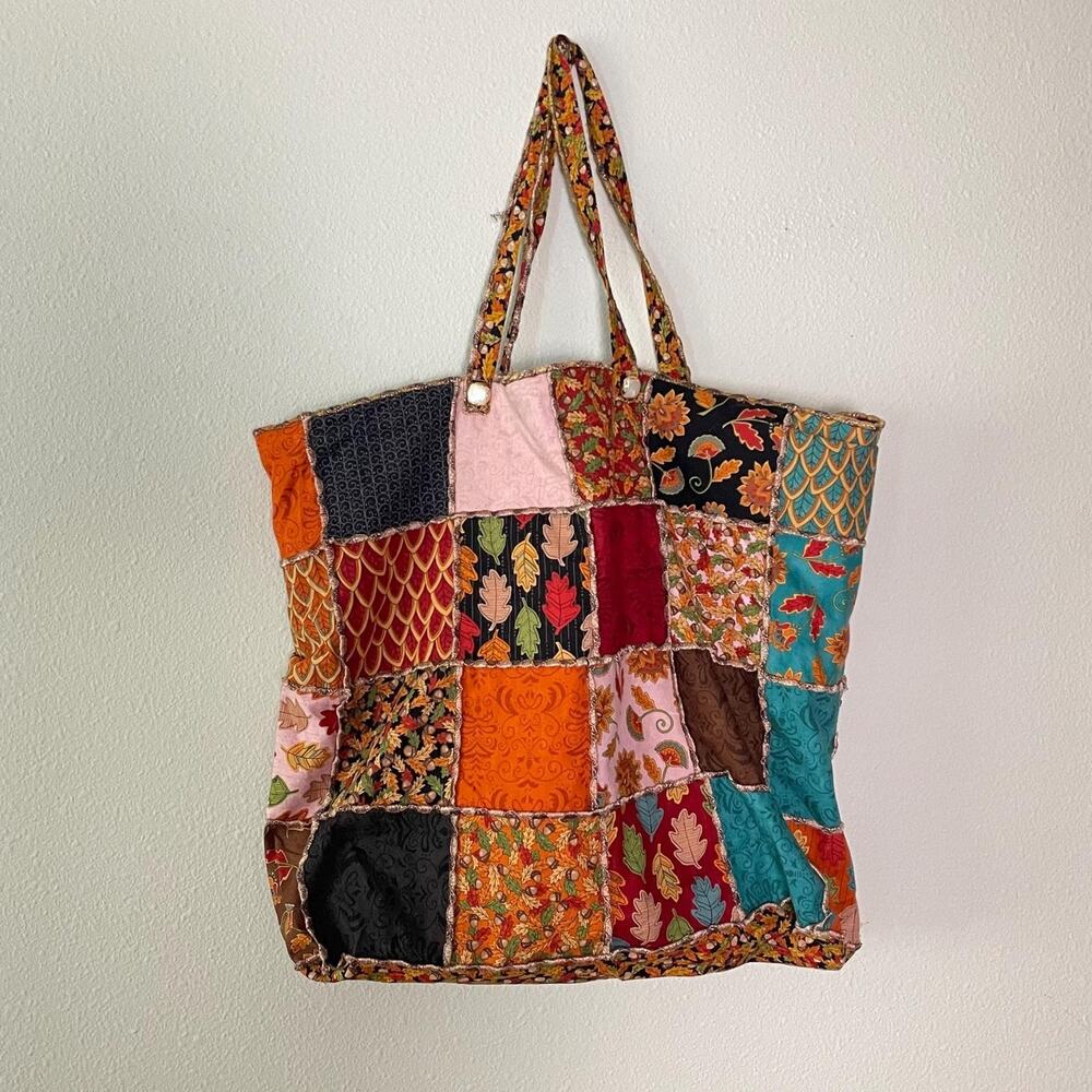 90s vtg quilted patchwork handmade fall large tote bag | whimsy librarian autumn